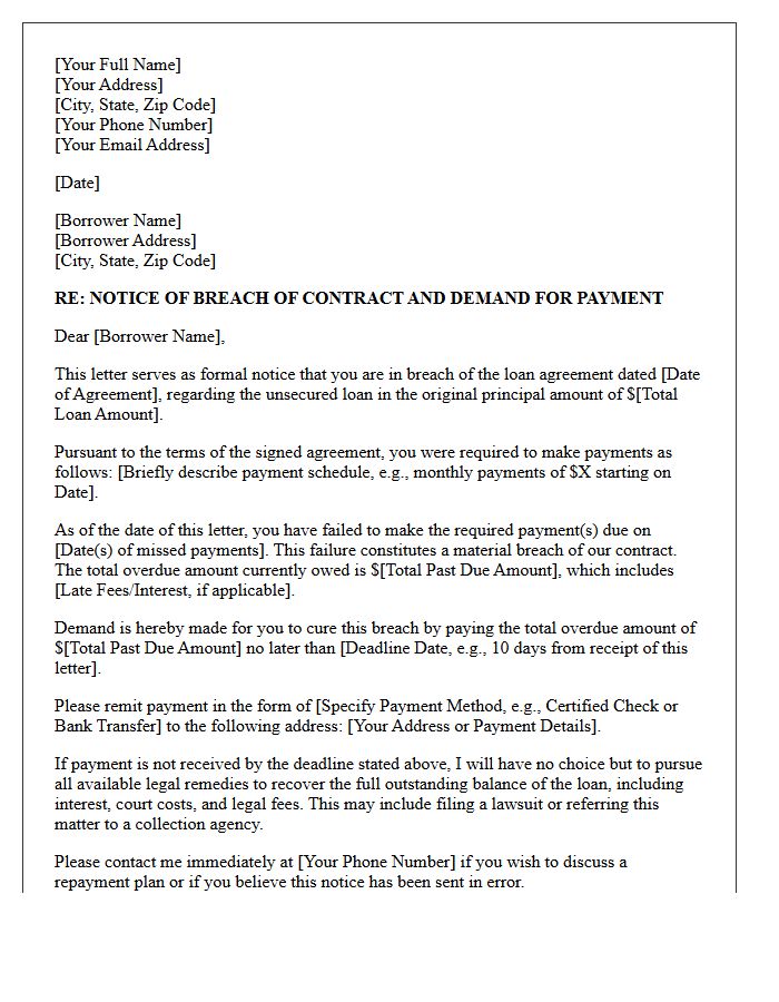 Breach of Contract Demand Letter for Unsecured Loan