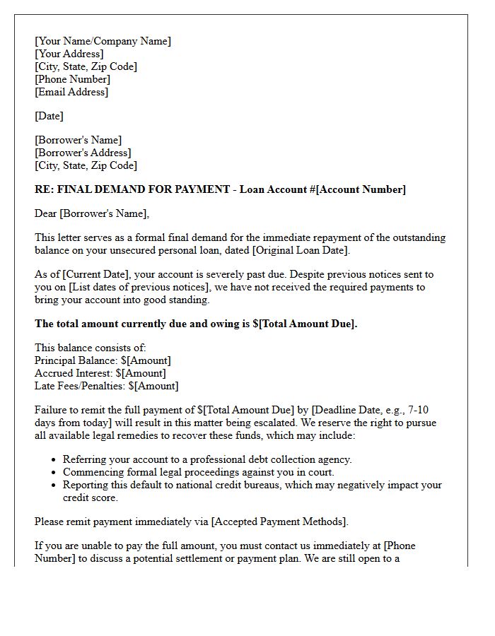 Final Demand Letter for Unsecured Personal Loan Default