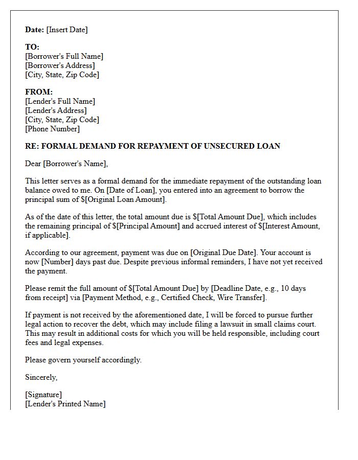 Formal Demand Letter for Unsecured Loan Repayment