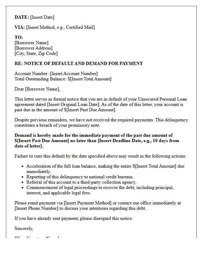 Initial Demand Letter for Unsecured Personal Loan Default