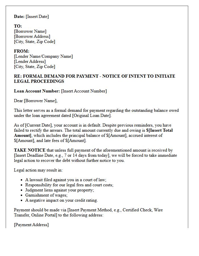 Pre-Legal Action Demand Letter for Loan Default