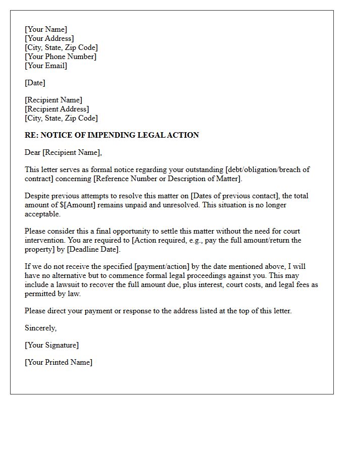 Notice of Impending Legal Action Letter
