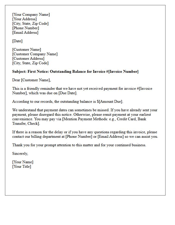 First Collection Notice Business Invoice Letter