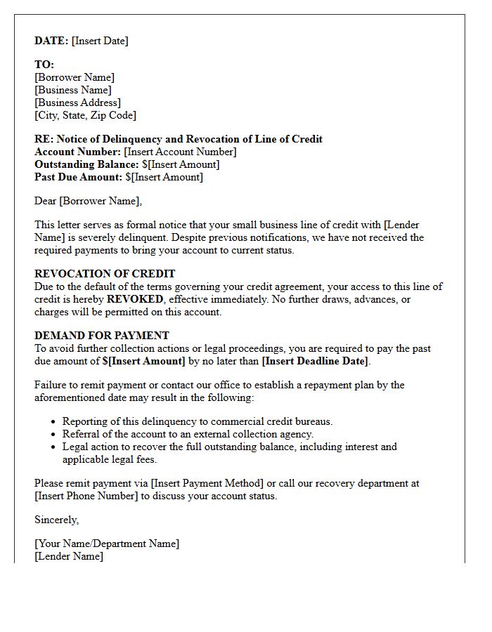 Account Delinquency Demand Letter for Small Business Line of Credit Revocation