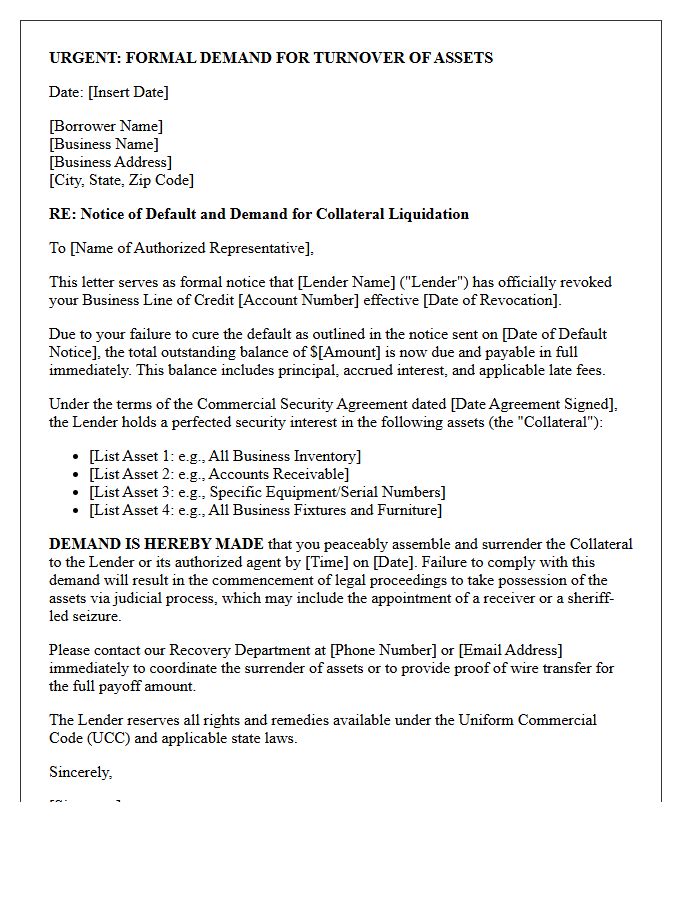 Asset Seizure Demand Letter for Small Business Line of Credit Revocation