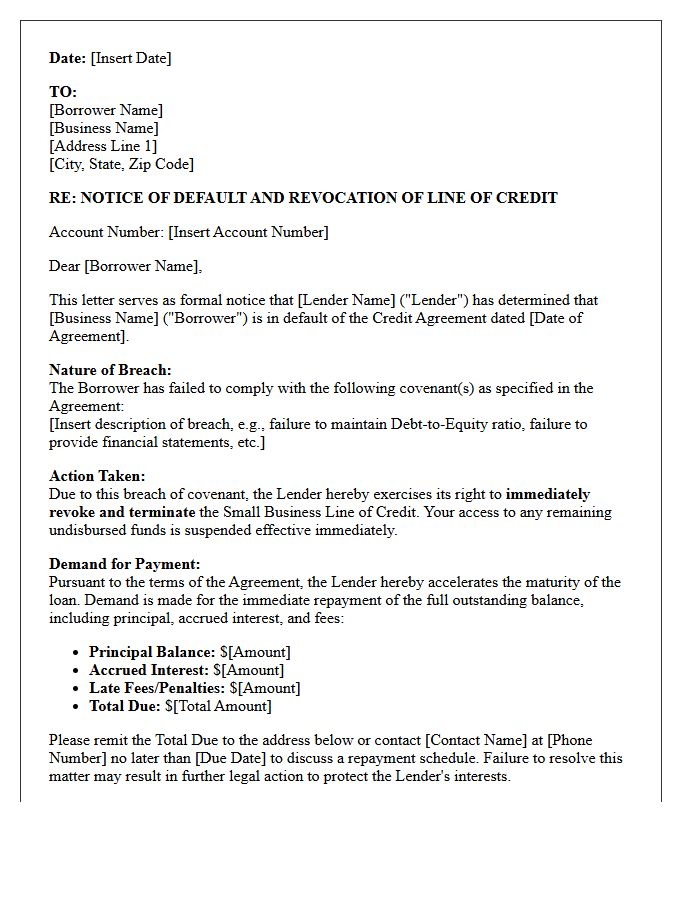 Breach of Covenant Demand Letter for Small Business Line of Credit Revocation