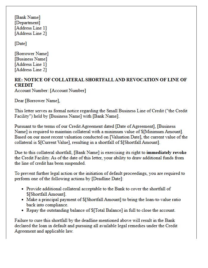 Collateral Shortfall Demand Letter for Small Business Line of Credit Revocation
