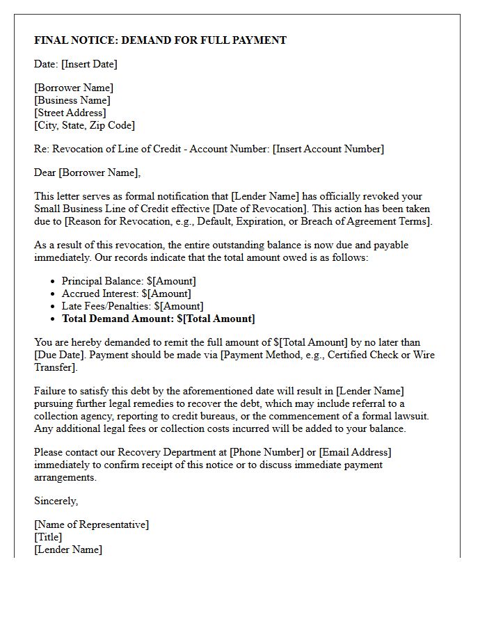 Final Notice Demand Letter for Small Business Line of Credit Revocation