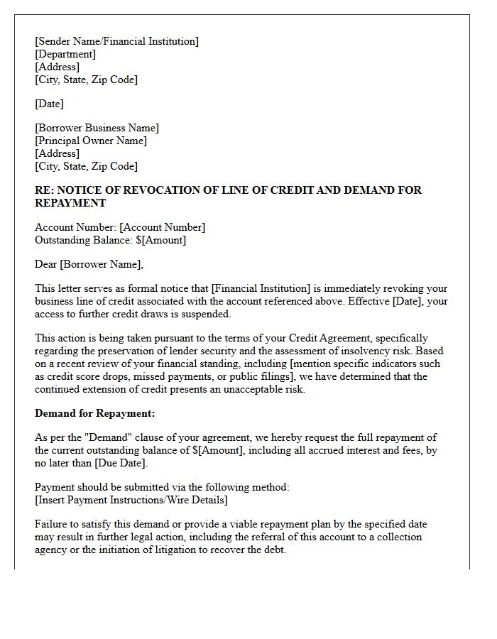 Insolvency Risk Demand Letter for Small Business Line of Credit Revocation