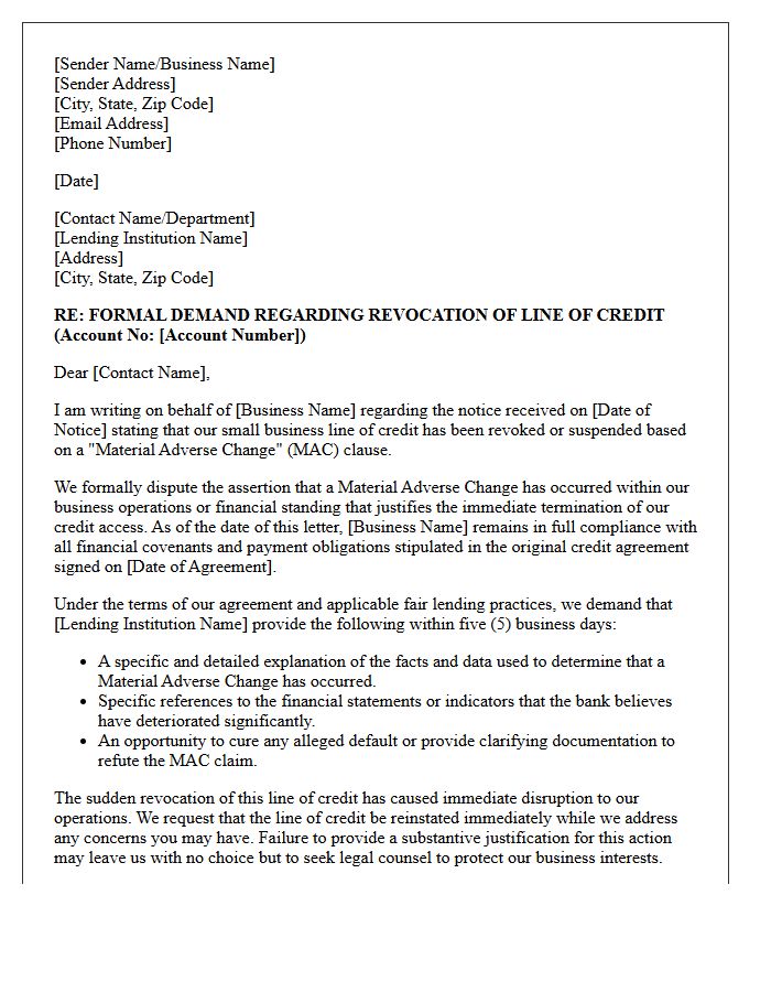 Material Adverse Change Demand Letter for Small Business Line of Credit Revocation