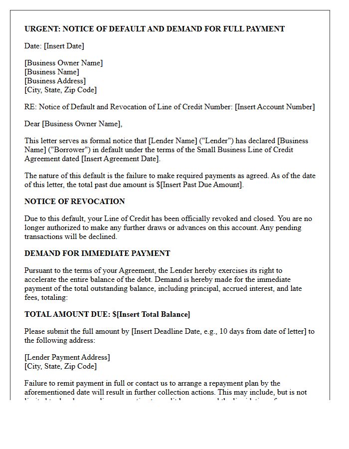 Non-Payment Default Demand Letter for Small Business Line of Credit Revocation