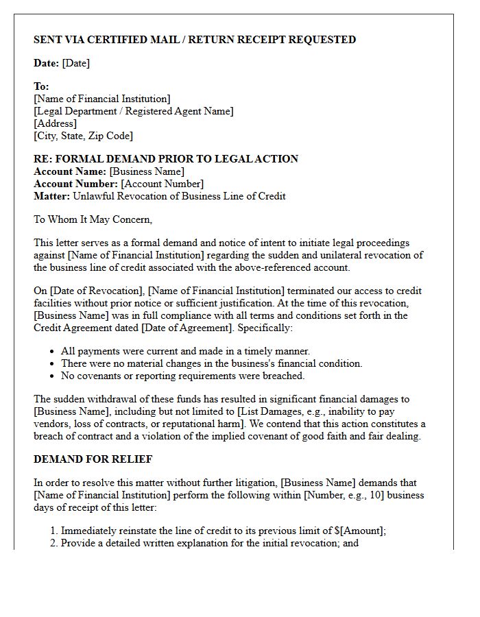 Pre-Litigation Demand Letter for Small Business Line of Credit Revocation