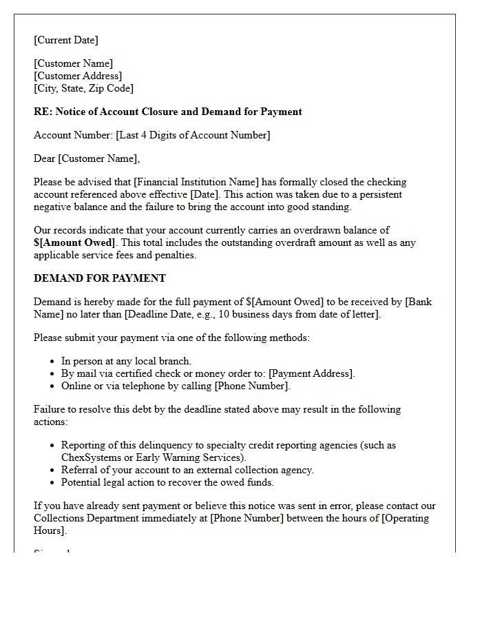 Account Closure and Demand Letter for Overdrawn Checking Balance