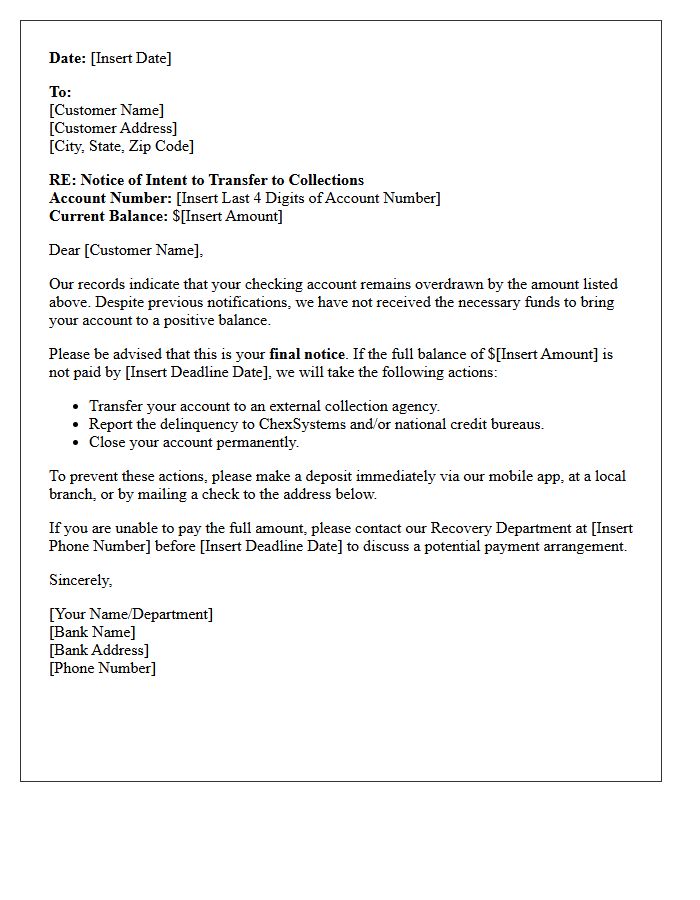 Collections Transfer Demand Letter for Overdrawn Checking Account
