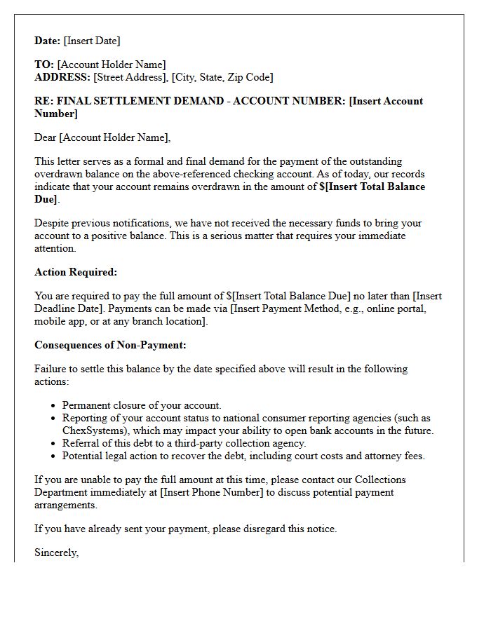 Final Settlement Demand Letter for Overdrawn Checking Balance