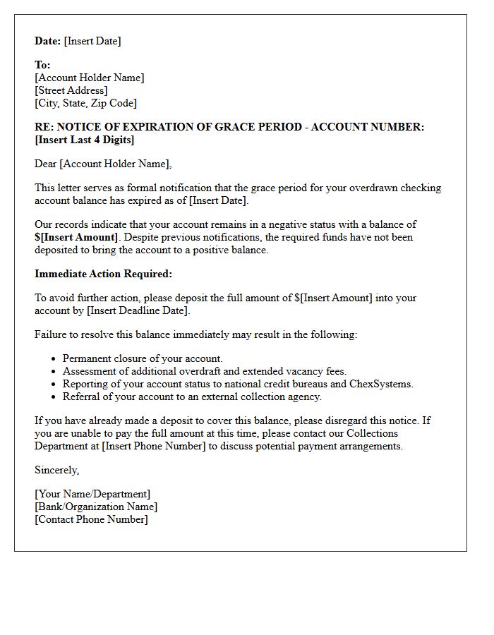 Grace Period Expiration Demand Letter for Checking Overdraft