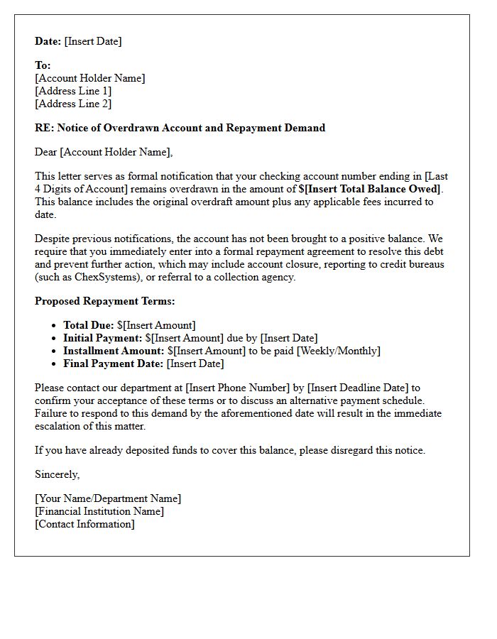 Overdrawn Checking Account Repayment Agreement Demand Letter
