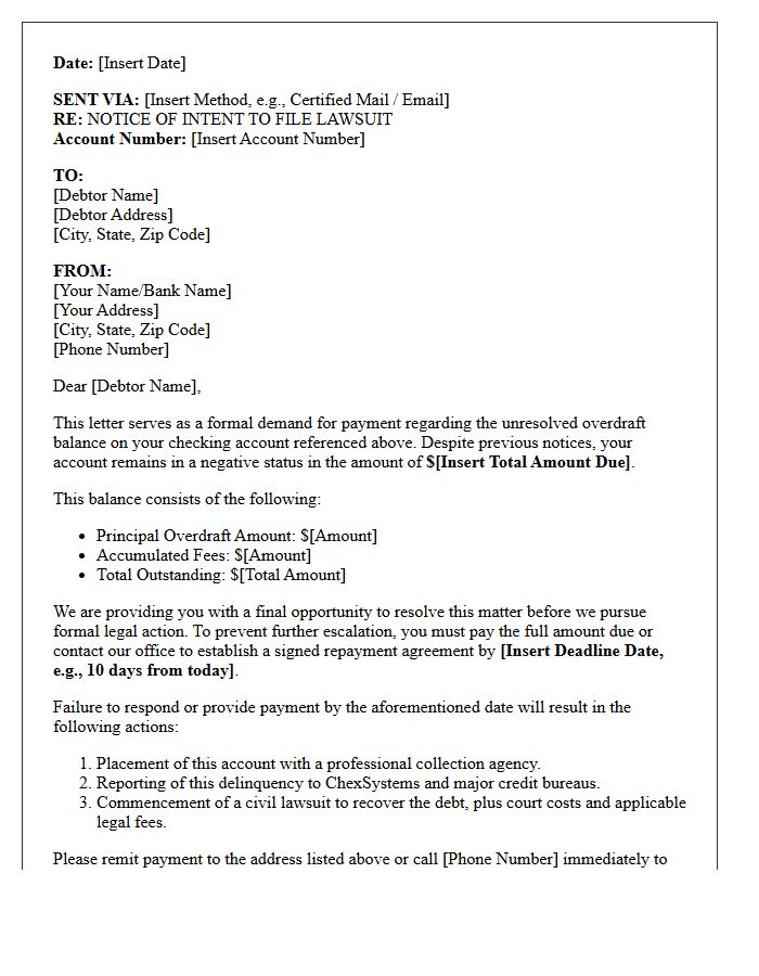 Pre-Litigation Demand Letter for Unresolved Checking Overdraft
