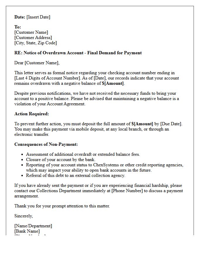 Retail Banking Demand Letter for Overdrawn Checking Balance