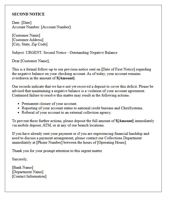 Second Notice Demand Letter for Negative Checking Balance