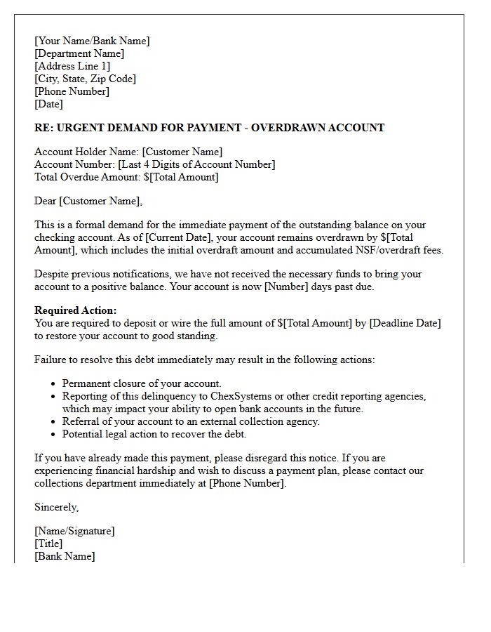 Urgent Demand Letter for Outstanding Checking Overdraft Fees