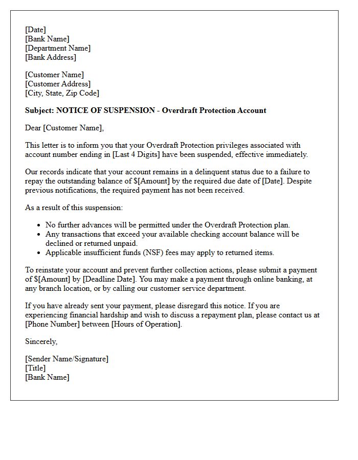 Account Suspension Letter for Overdraft Protection Delinquency
