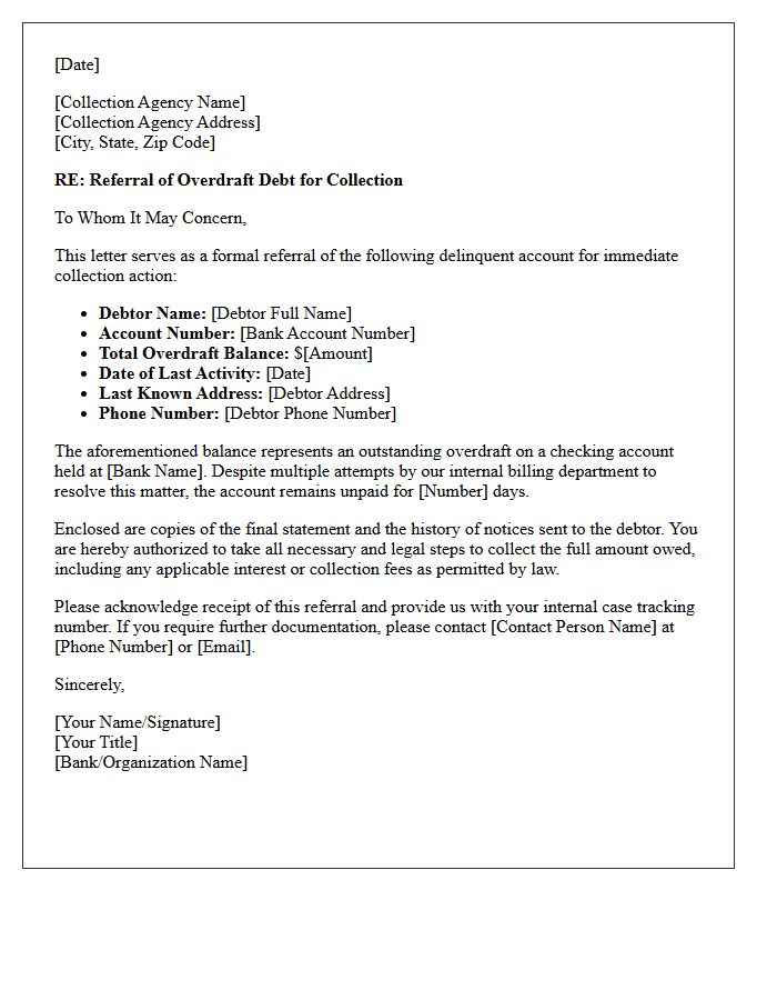 Collection Agency Referral Letter for Overdraft Debt