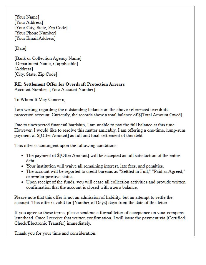 Debt Settlement Offer Letter for Overdraft Protection Arrears