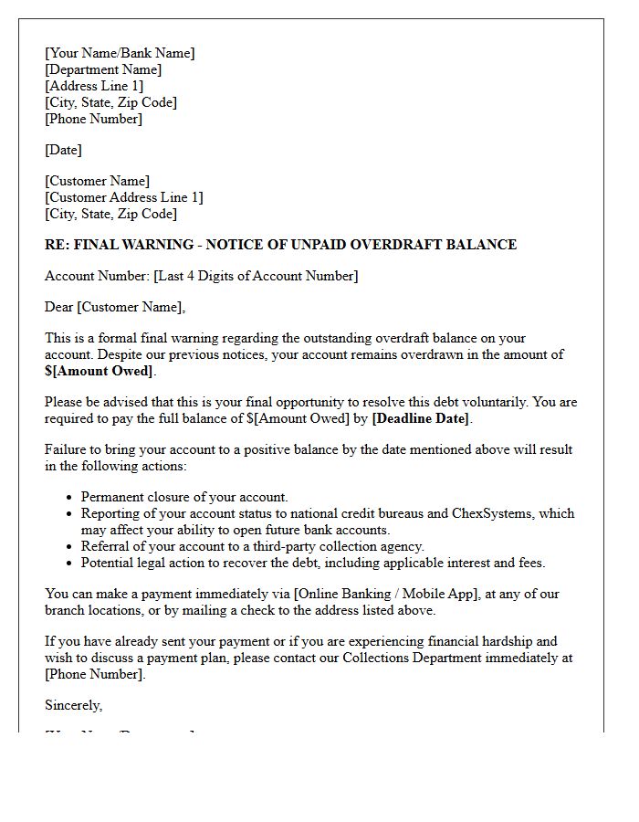 Final Warning Demand Letter for Unpaid Overdraft Balance