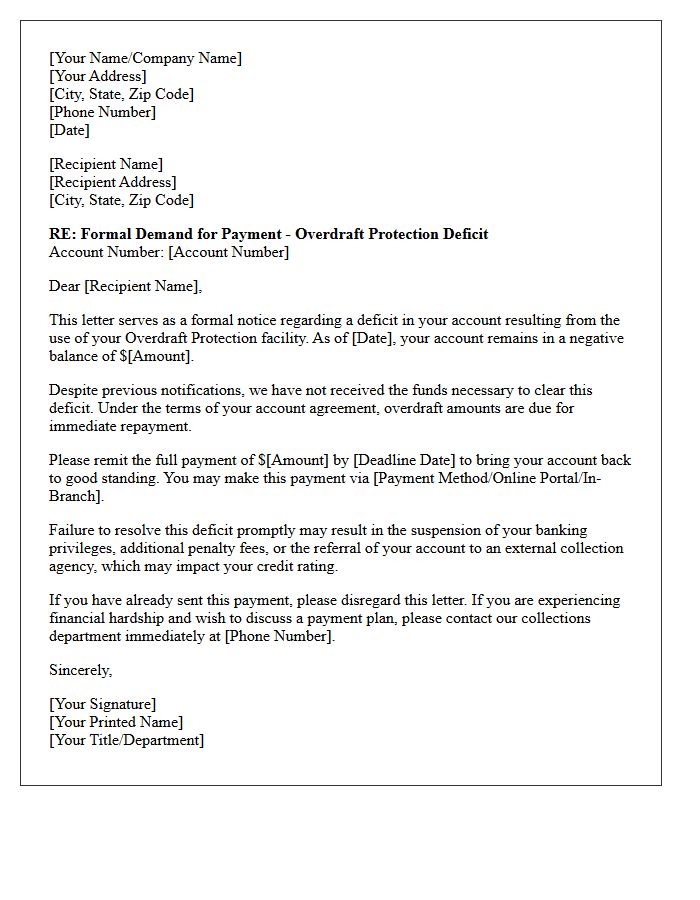 Formal Collection Letter for Overdraft Protection Deficit