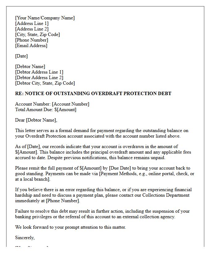 Initial Demand Letter for Outstanding Overdraft Protection Debt