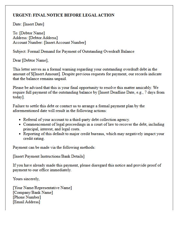Legal Action Warning Letter for Outstanding Overdraft Debt