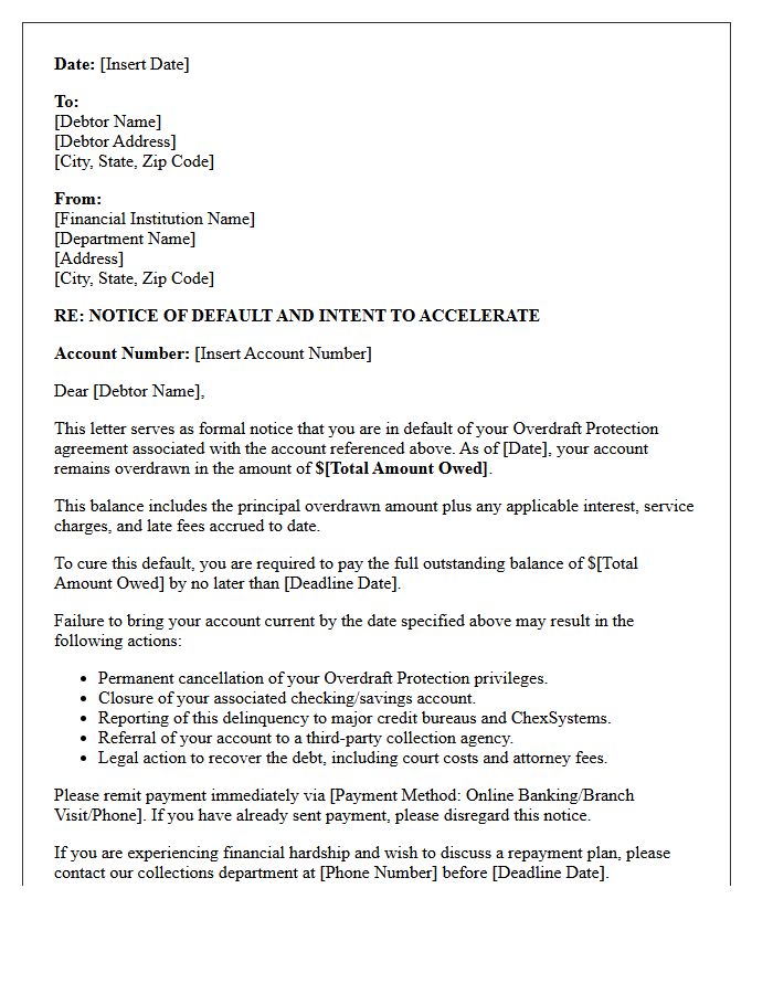 Notice of Default Letter for Overdraft Protection Debt