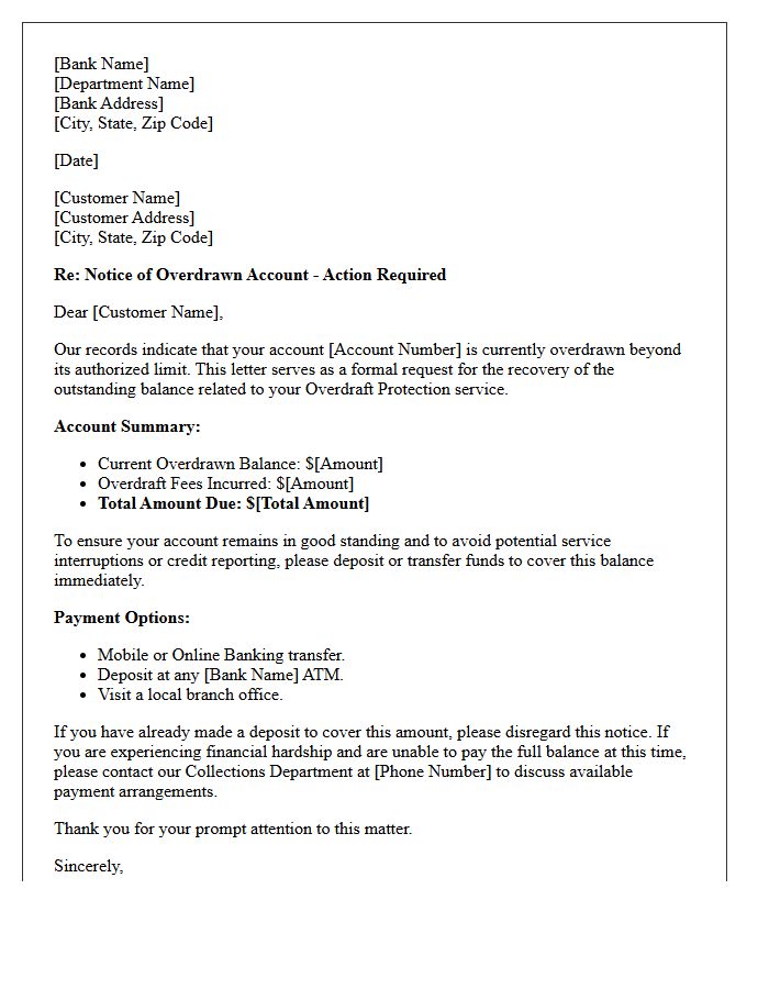 Overdraft Protection Recovery Letter for Retail Banking Accounts
