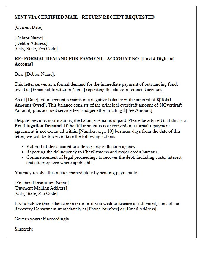 Pre-Litigation Demand Letter for Outstanding Overdraft Funds