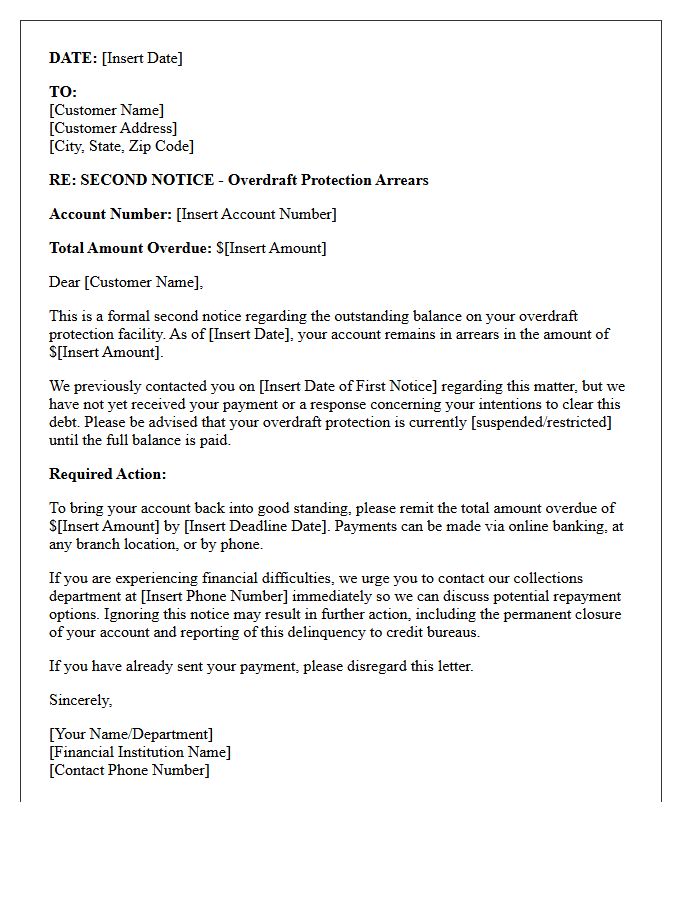 Second Notice Demand Letter for Overdraft Protection Arrears