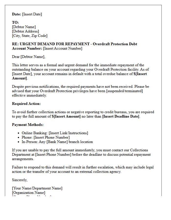 Urgent Repayment Demand Letter for Overdraft Protection Debt