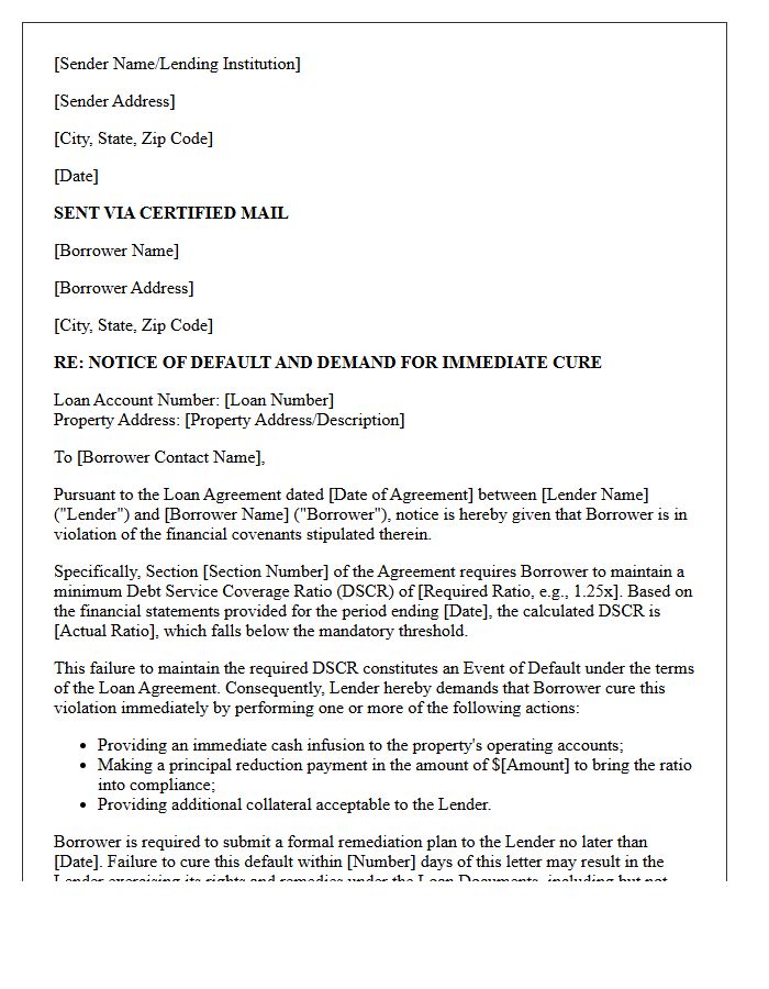 Demand Letter for Immediate Cure of Debt Service Coverage Ratio Violation