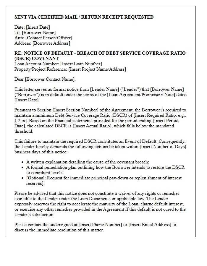 Formal Demand Letter for Default on Debt Service Coverage Ratio
