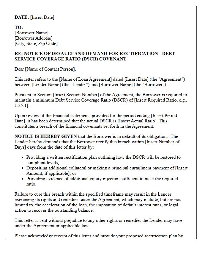 Letter of Demand for Debt Service Coverage Ratio Covenant Rectification