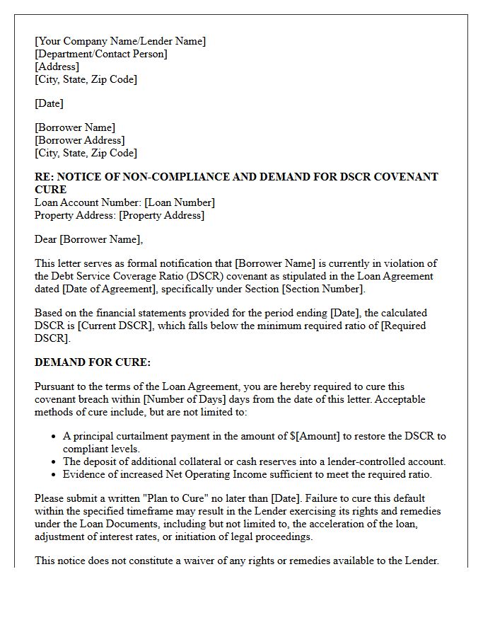 Letter of Notification and Demand for DSCR Covenant Cure