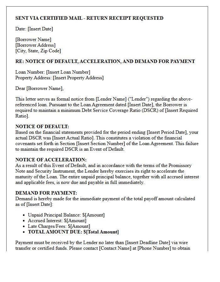 Notice of Acceleration and Demand Letter for DSCR Covenant Violation