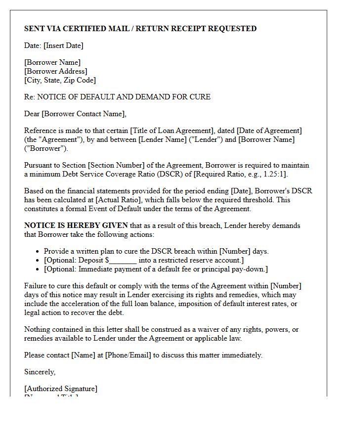 Notice of Default and Demand Letter for Debt Service Coverage Ratio Covenant Breach
