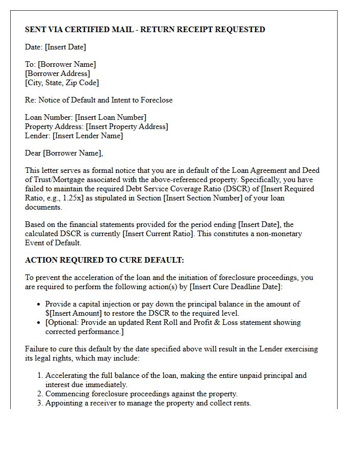 Pre-Foreclosure Demand Letter for Debt Service Coverage Ratio Default