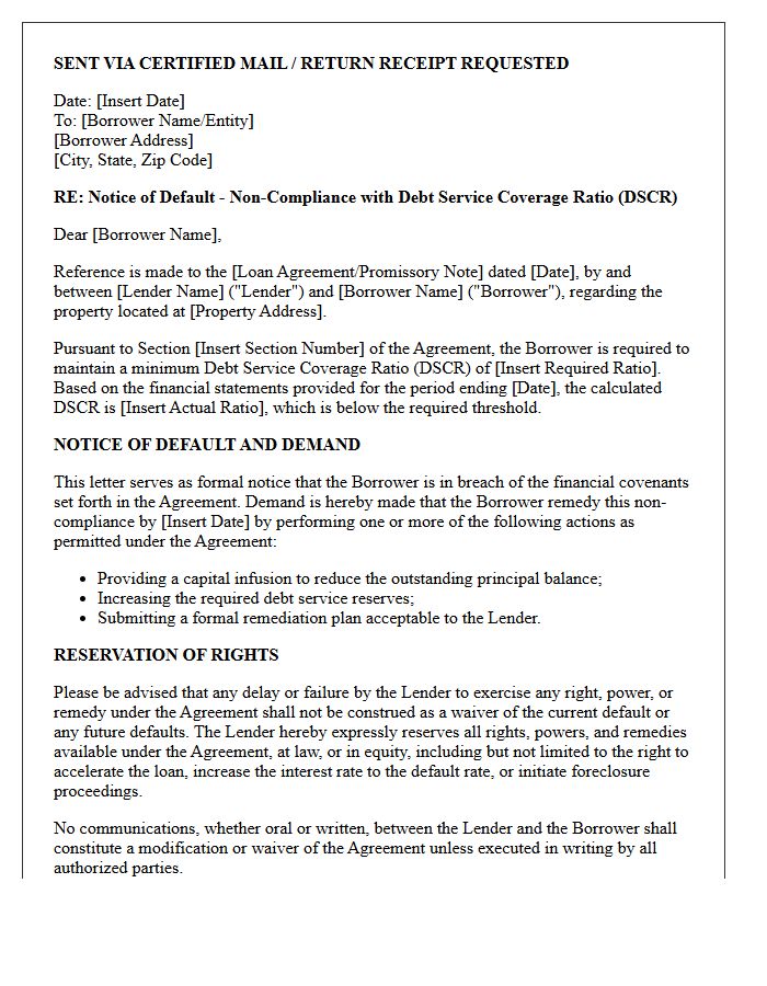 Reservation of Rights and Demand Letter Regarding DSCR Non-Compliance