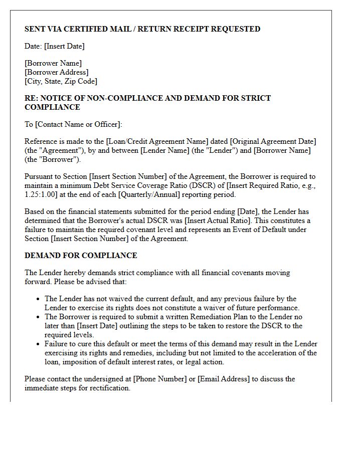 Strict Compliance Demand Letter for Debt Service Coverage Ratio Covenant