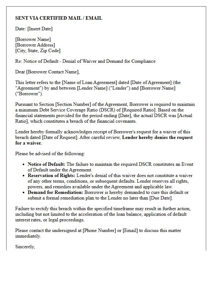 Waiver Denial and Demand Letter for Debt Service Coverage Ratio Breach