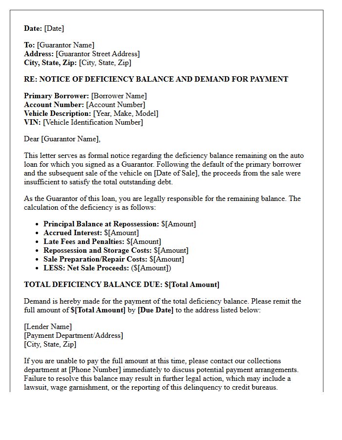 Auto Loan Guarantor Deficiency Payment Demand Letter