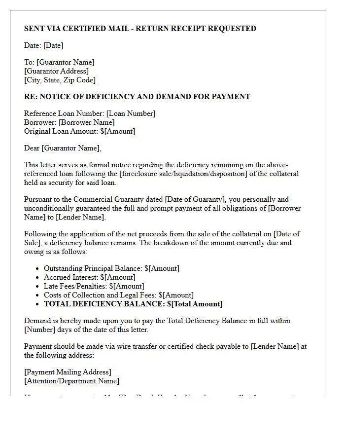 Commercial Loan Guarantor Deficiency Demand Letter
