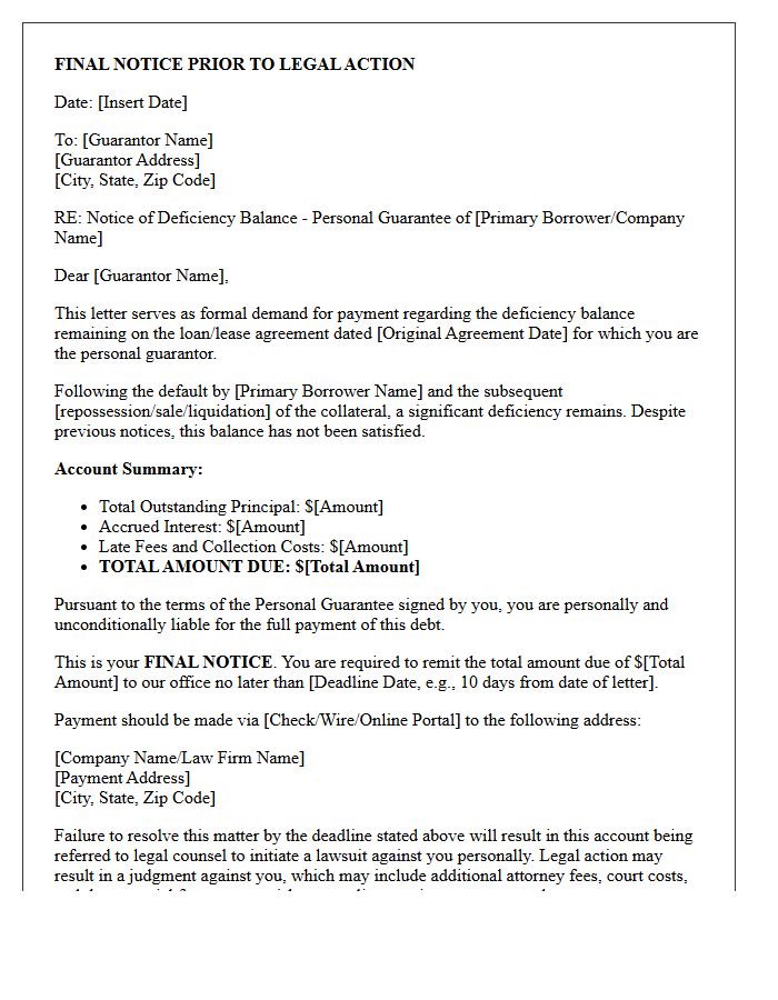 Final Notice Demand Letter for Guarantor Deficiency Balance